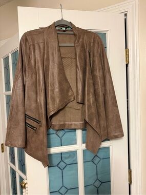 Karlie Taupe Brown Faux Leather Draped Open-Front Jacket